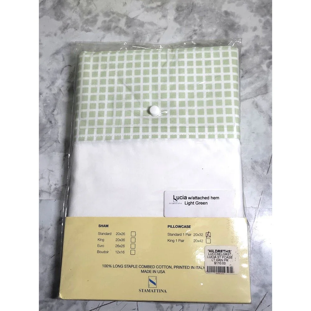 NWT Stamattina Lucia Light Green Grid King Flat Sheet & Shams Cotton Italy USA